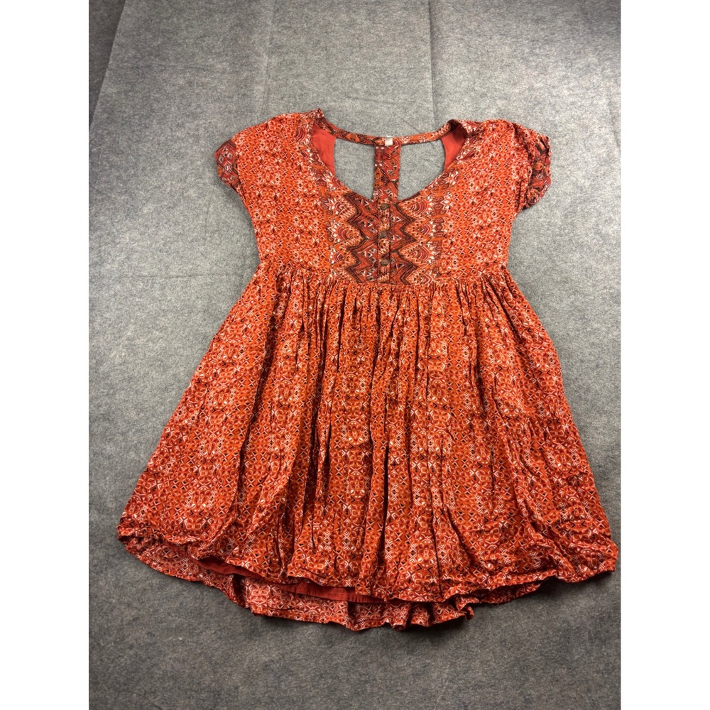 Free People Women's S Orange Geometric Cut Out Back Babydoll Mini Dress Boho